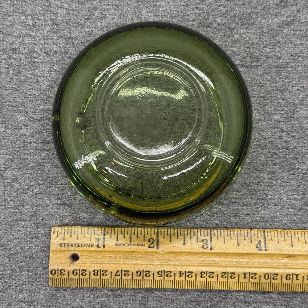 Vintage Olive Green Heavy Glass Round Ashtray 2 Slot Mid Century Modern 3.75